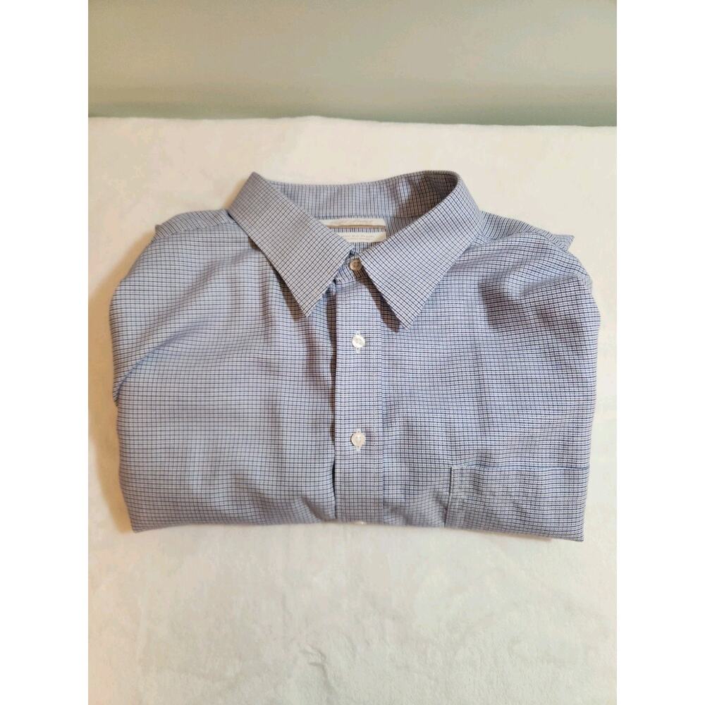 Roundtree & Yorke Gold Label Shirt Mens 19 34 35 Blue Check Cotton Long Sleeve